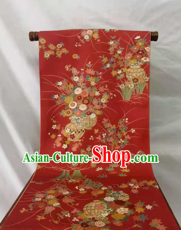 Japanese Kimono Dress Corset Accessories Traditional Yukata Belt Red Silk Fabric Classical Chrysanthemum Pattern Waistband Material