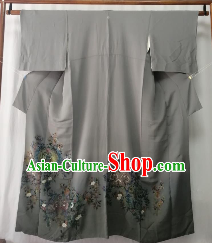 Japan Orthodox Garment Costume Kyoto Embroidered Grey Yukata Dress Traditional Tsukesage Kimono Clothing