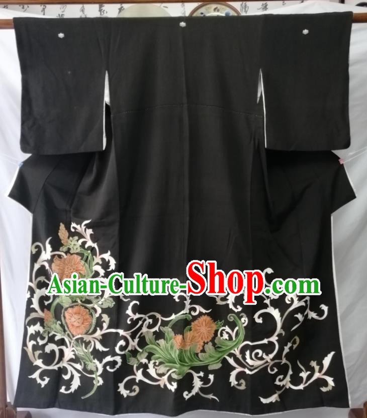 Japanese Male Kurotomesode Kimono Clothing Traditional Black Yukata Robe Asian Stage Performance Apparel