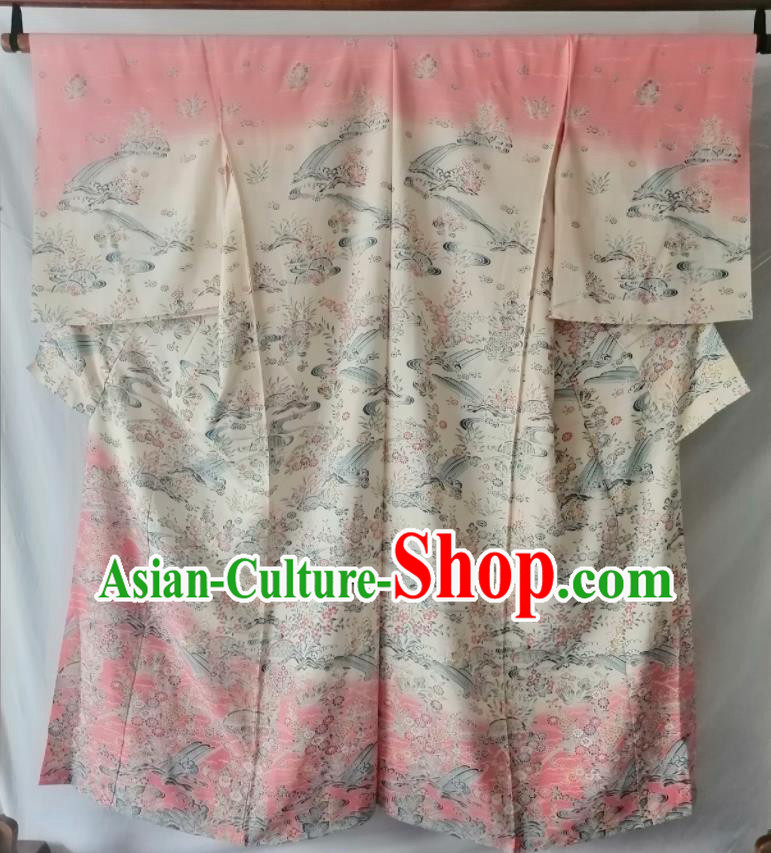 Japan Kyoto Printing Yukata Dress Traditional Sakura Pattern Tsukesage Kimono Clothing Young Woman Garment Costume
