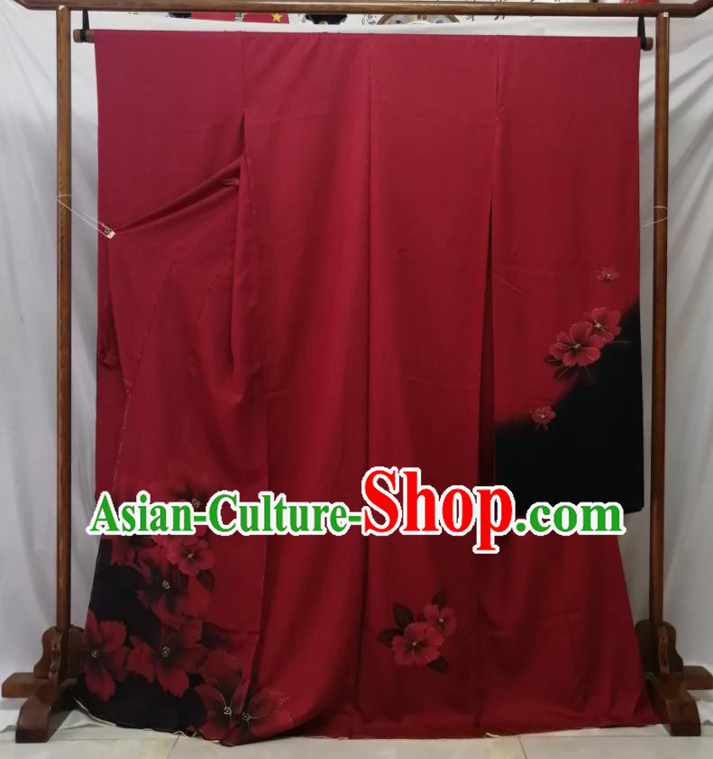 Japan Traditional Hibiscus Pattern Furisode Kimono Clothing Young Woman Garment Costume Kyoto Printing Red Yukata Dress