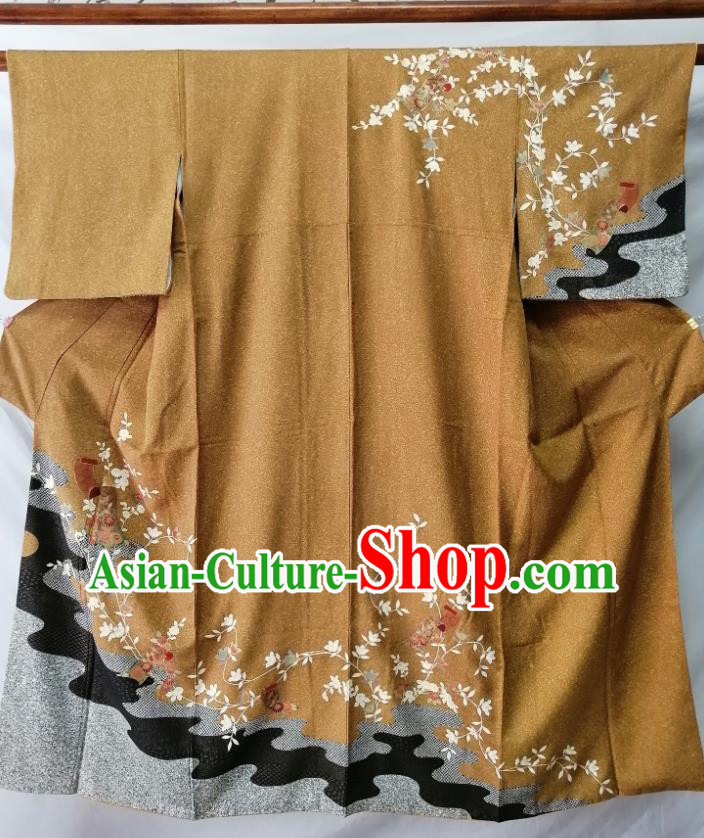 Japan Young Woman Garment Costume Kyoto Printing Ginger Yukata Dress Traditional Chrysanthemum Pattern Tsukesage Kimono Clothing