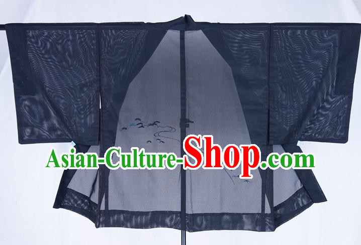 Japanese Male Haori Outer Garment Clothing Traditional Black Silk Kimono Jacket Classical Pine Pattern Overcoat Apparel