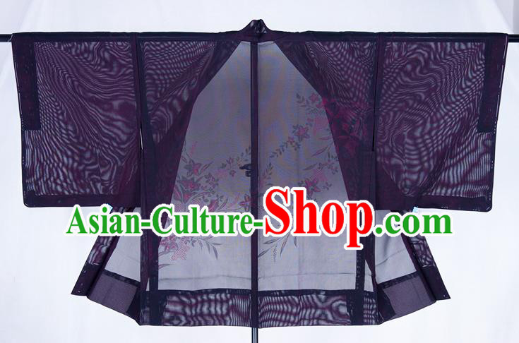Japanese Classical Platycodon Pattern Purple Silk Apparel Male Haori Outer Garment Clothing Traditional Kimono Overcoat Jacket