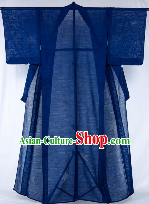 Japan Classical Pattern Iromuji Kimono Clothing Elderly Woman Garment Costume Traditional Navy Silk Yukata Dress
