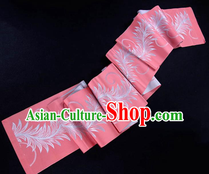 Japanese Traditional Yukata Pink Silk Belt Classical Pteris Pattern Waistband Kimono Dress Corset Accessories