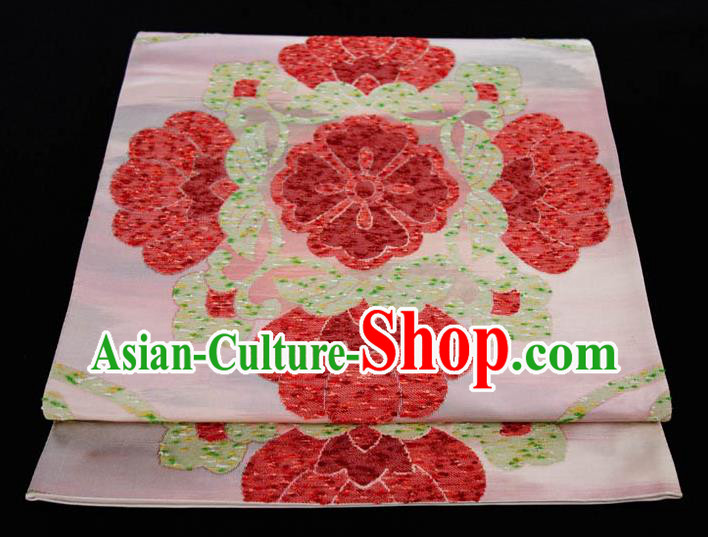 Japanese Classical Peony Pattern Waistband Kimono Dress Corset Accessories Traditional Yukata Pink Brocade Belt