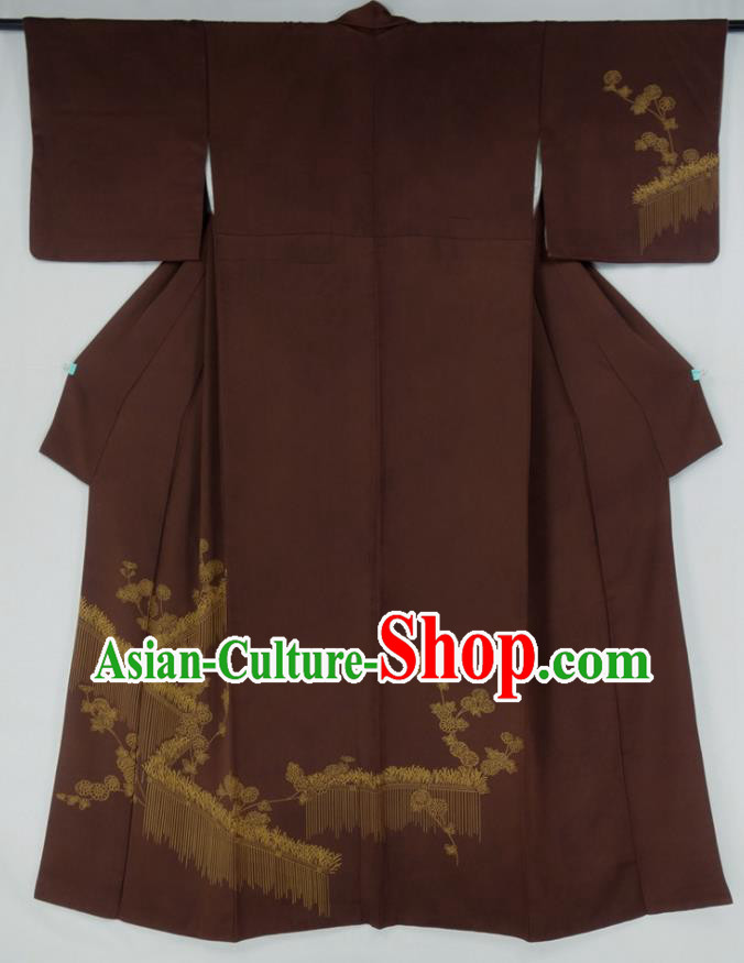 Japan Traditional Brown Yukata Dress Classical Chrysanthemum Pattern Tsukesage Kimono Clothing Court Woman Garment Costume