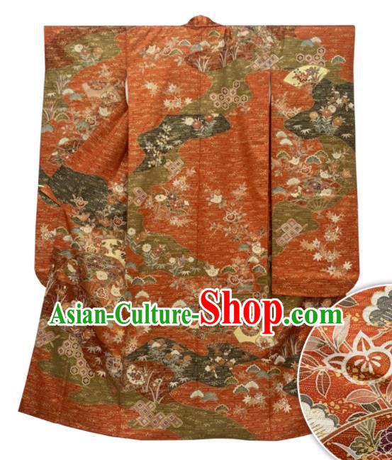Japan Wedding Bride Garment Costume Traditional Orange Yukata Dress Classical Maple Leaf Pattern Furisode Kimono Clothing