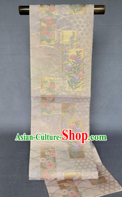 Japanese Traditional Yukata Robe Beige Brocade Belt Classical Chrysanthemum Pattern Wafuku Waistband Summer Kimono Dress Corset Accessories