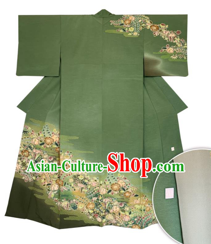 Japan Wedding Bride Homongi Garment Costume Traditional Printing Green Yukata Dress Classical Flowers Pattern Kimono Clothing