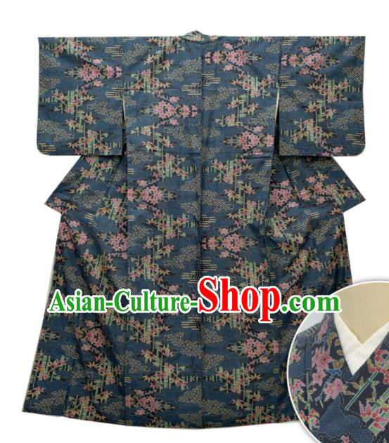 Japan Traditional Navy Yukata Dress Classical Bamboo Leaf Pattern Edo Komon Kimono Clothing Elderly Woman Garment Costume