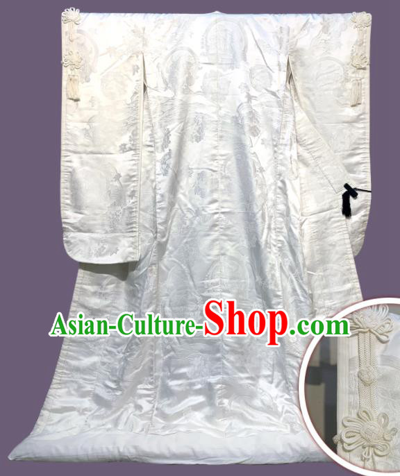 Japan Court Wedding Bride Garment Costume Traditional Geisha White Silk Yukata Dress Classical Flowers Pattern Shiromuku Kimono Clothing