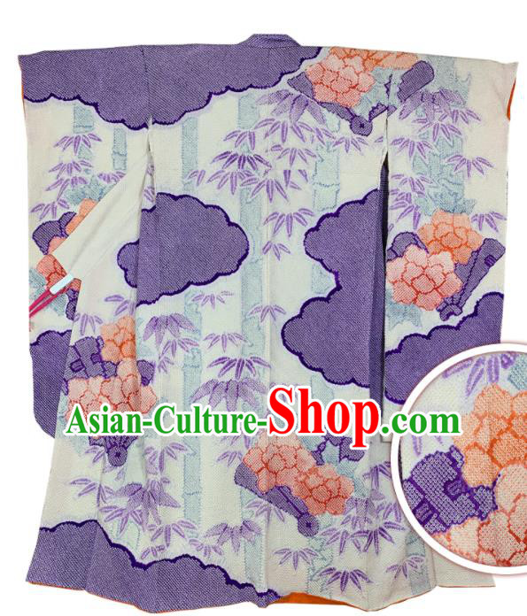 Japan Wedding Bride Garment Costume Traditional Geisha Purple Yukata Dress Classical Peony Bamboo Pattern Furisode Kimono Clothing