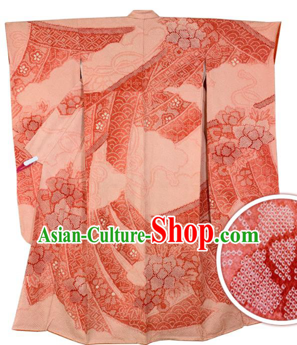 Japan Classical Peony Pattern Furisode Kimono Clothing Wedding Bride Garment Costume Traditional Geisha Pink Yukata Dress