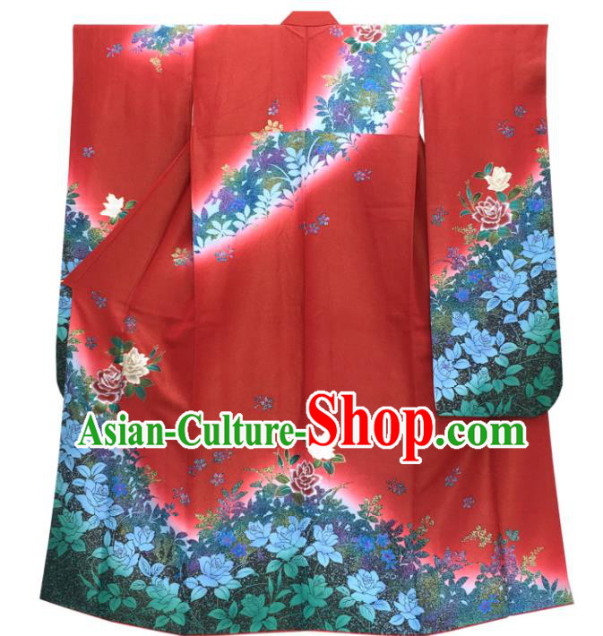 Japan Classical Roses Pattern Furisode Kimono Clothing Bride Garment Costume Traditional Wedding Red Yukata Dress