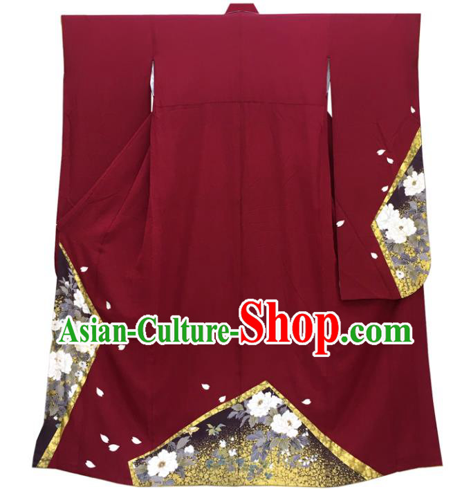 Japan Court Woman Garment Costume Traditional Wine Red Yukata Dress Classical Peony Pattern Furisode Kimono Clothing