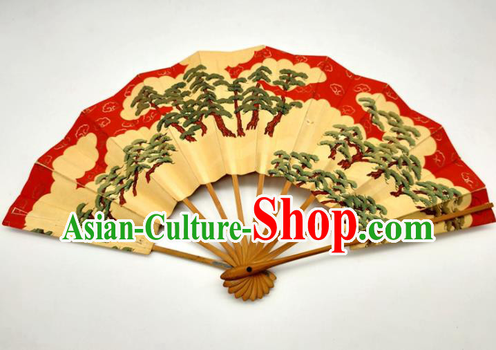 Japanese Handmade Printing Pine Red Fan Traditional Geisha Dance Folding Fan Stage Performance Accordion