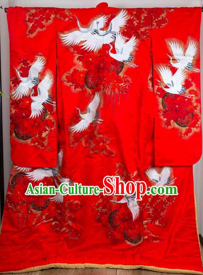 Japan Bride Embroidered Garment Costume Traditional Wedding Red Yukata Dress Classical Cranes Pattern Uchikake Kimono Clothing