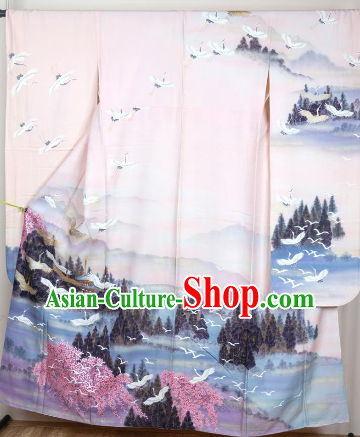 Japan Court Woman Garment Costume Traditional Printing Yukata Dress Classical Landscape Pattern Furisode Kimono Clothing
