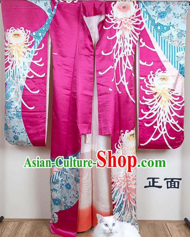 Japan Classical Chrysanthemum Pattern Furisode Kimono Clothing Royal Queen Garment Costume Traditional Rosy Silk Yukata Dress