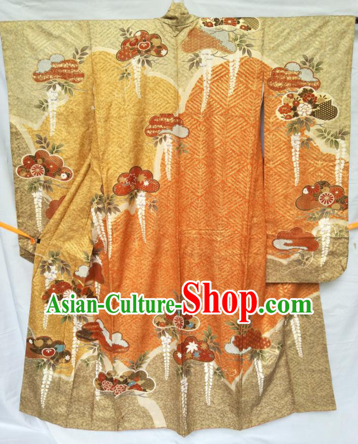 Japan Traditional Golden Silk Yukata Dress Classical Chrysanthemum Peony Pattern Furisode Kimono Clothing Queen Garment Costume