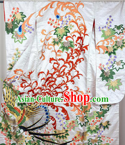 Japan Classical Phoenix Pattern Furisode Kimono Clothing Wedding Embroidered Uchikake Garment Costume Traditional White Silk Yukata Dress