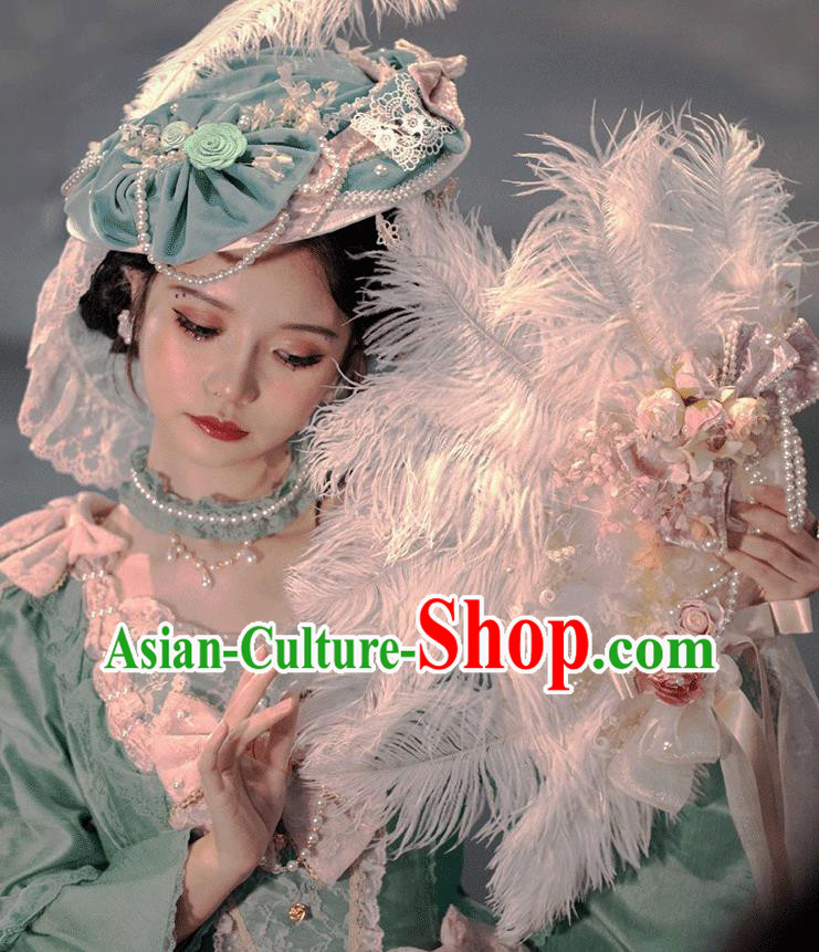 Handmade Bride Flowers Folding Fan Cosplay Fairy Fan Baroque Princess White Ostrich Feather Fan Wedding Fan