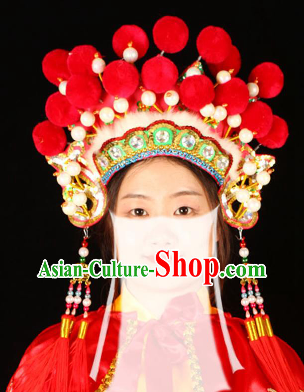 China Handmade Opera Female General Headdress Beijing Opera Blues Red Phoenix Coronet Headwear Traditional Peking Opera Swordswoman Hat