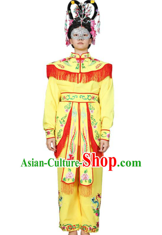 Chinese Chaoshan New Year Parade Garment Costumes Peking Opera Female Swordsman Yellow Uniforms Traditional Folk Dance Clothing