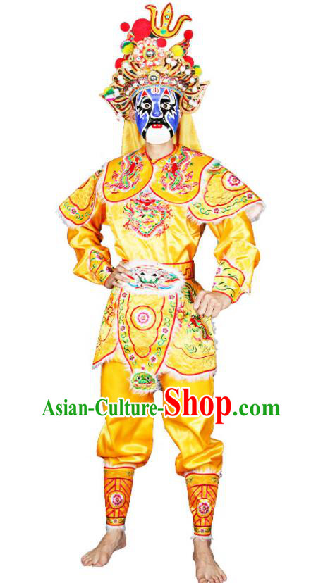 China Beijing Opera General Clothing Traditional Cosplay Warrior Yellow Outfits Peking Opera Wusheng Costumes
