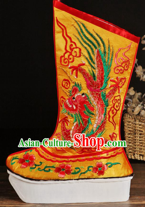 China Handmade Opera Satin Shoes Peking Opera Male Boots Ancient Emperor Embroidered Dragon Yellow Boots