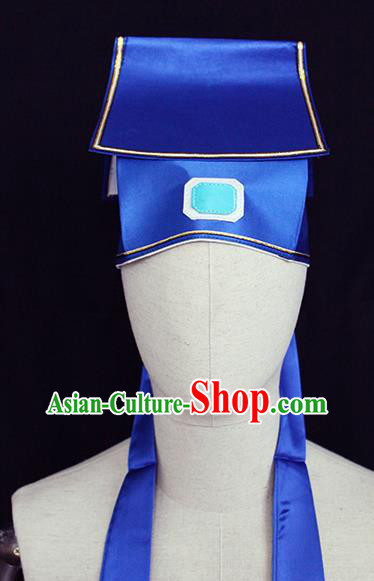 Chinese Ancient Scholar Headwear Beijing Opera Taoist Priest Blue Satin Hat Handmade Opera Hero Gongsun Sheng Headdress