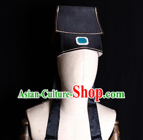 Chinese Handmade Opera Hero Gongsun Sheng Headdress Ancient Scholar Headwear Beijing Opera Taoist Priest Black Satin Hat