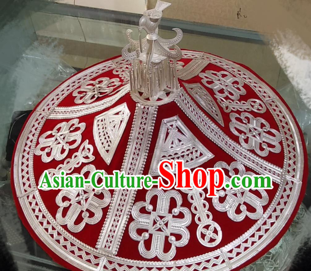 China Yi Nationality Woman Headwear Handmade Minority Bamboo Hat Liangshan Ethnic Group Folk Dance Silver Headdress