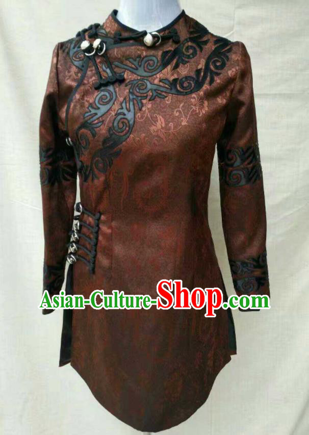 Chinese Yi Nationality Dance Brown Shirt Ethnic Female Clothing Liangshan National Minority Upper Outer Garment