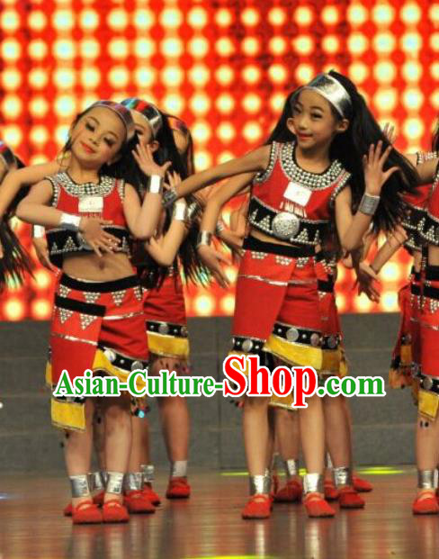Chinese Wa Minority Dance Red Outfits Yunnan Ethnic Stage Performance Garment Costumes Va Nationality Girl Dress Clothing