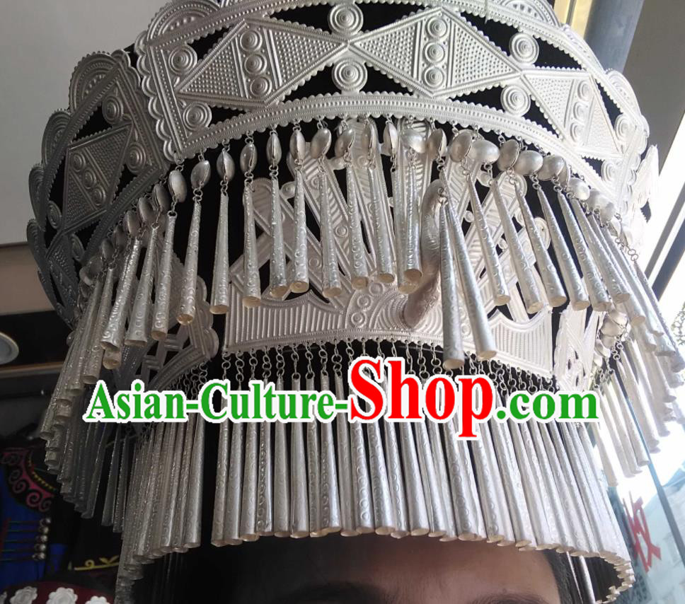 China Liangshan Ethnic Group Dance Performance Headdress Yi Nationality Woman Silver Headwear Handmade Minority Bamboo Weaving Hat