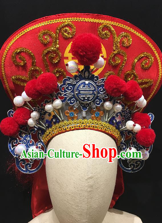 China Peking Opera Female Soldier Headwear Ancient Swordswoman Helmet Headdress Handmade Opera Woman General Red Hat