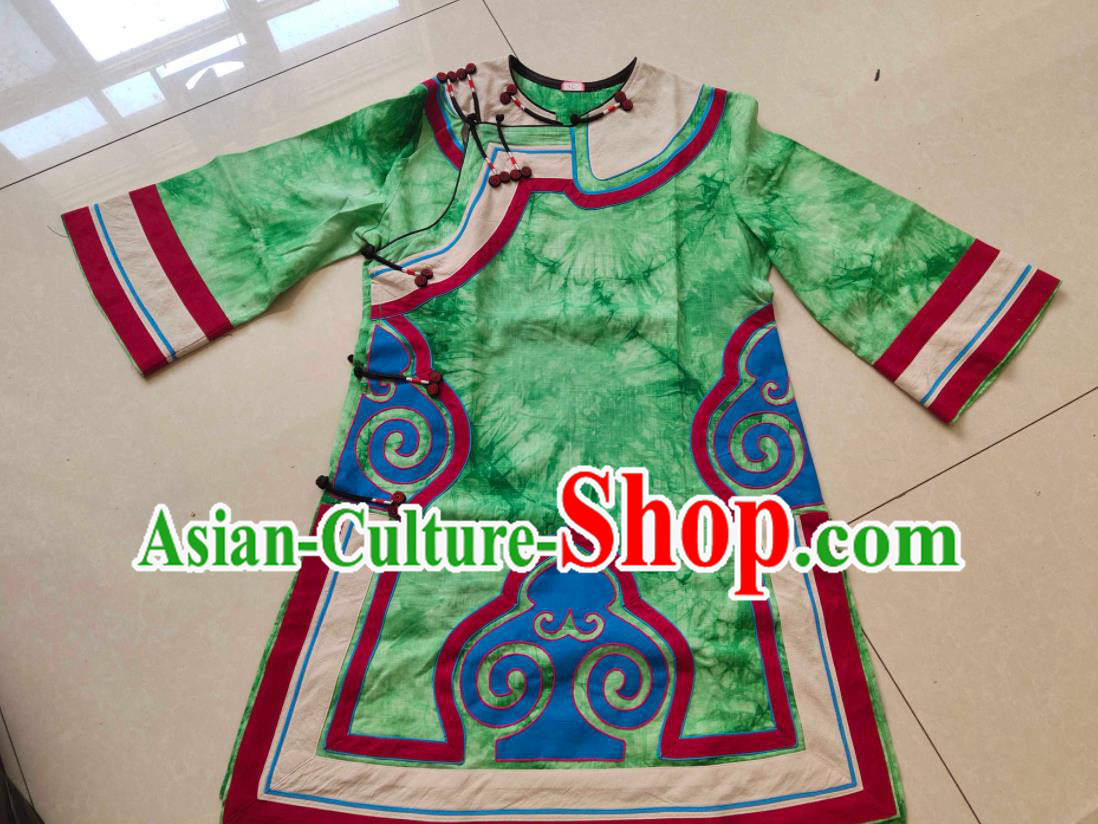 Chinese Ethnic Garment Costume Liangshan National Minority Woman Green Flax Shirt Yi Nationality Dance Clothing