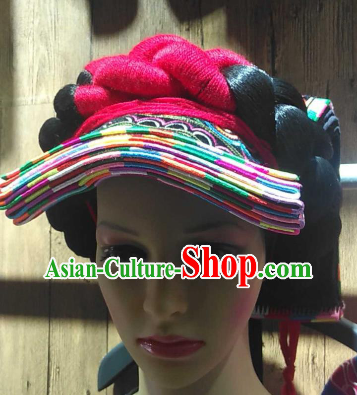 China Liangshan Ethnic Group Festival Braid Hairpieces Handmade Embroidered Tile Hat Yi Minority Woman Folk Dance Cap Headdress