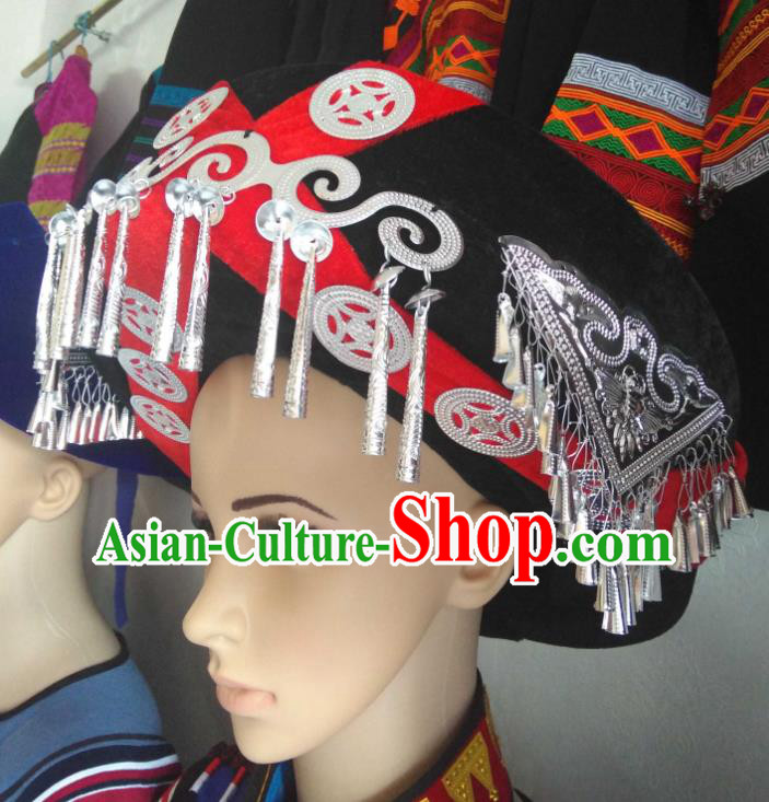 China Yi Minority Festival Headdress Liangshan Ethnic Group Wedding Bride Headwear Handmade Silver Tassel Circular Hat
