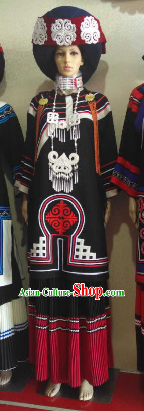 Chinese Yi Nationality Festival Costumes Ethnic Female Folk Dance Clothing Liangshan National Minority Wedding Black Flax Uniforms
