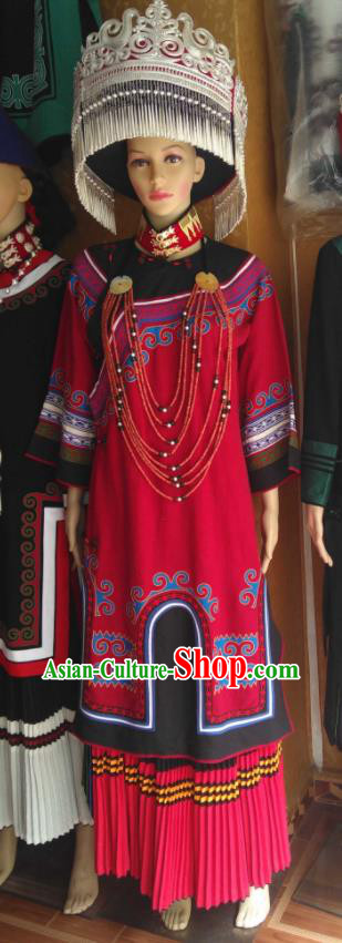 Chinese Yi Nationality Wedding Bride Costumes Ethnic Woman Festival Clothing Liangshan National Minority Folk Dance Red Uniforms