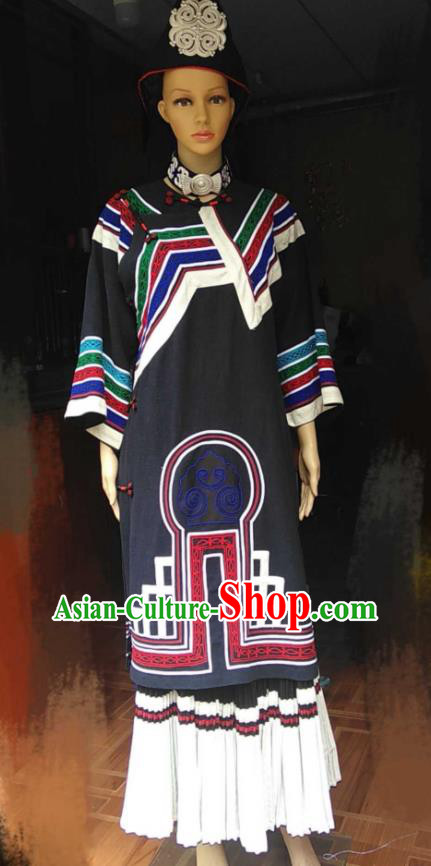 Chinese Yi Nationality Dance Performance Costumes Ethnic Country Woman Clothing Liangshan National Minority Female Uniforms and Headdress