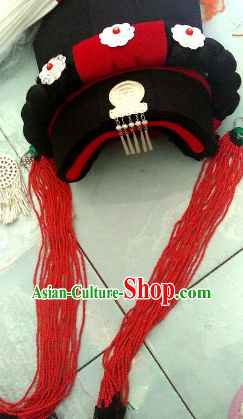 China Liangshan Ethnic Group Dance Performance Headdress Yi Nationality Woman Braid Hairpieces Handmade Minority Red Beads Tassel Tile Hat