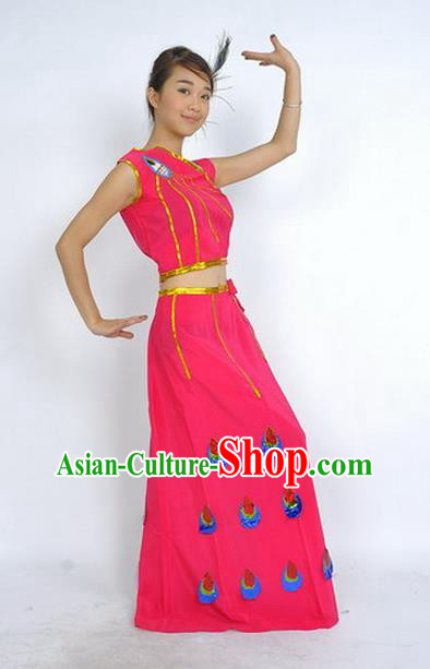 Chinese Dai Nationality Female Performance Clothing Ethnic Peacock Dance Rosy Uniforms Yunnan National Minority Dance Dress Garment Costumes