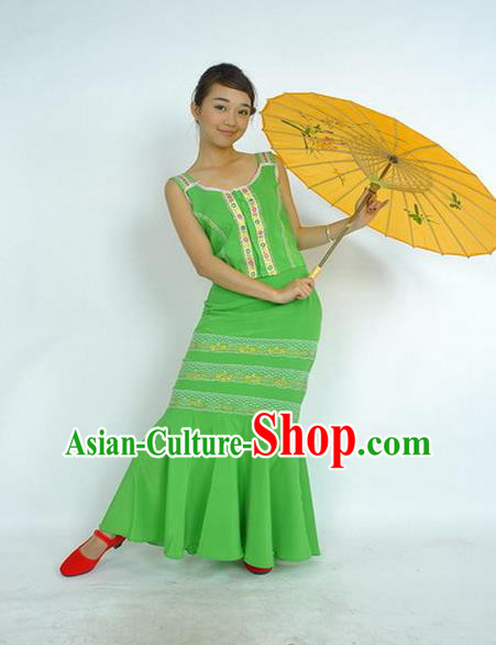 Chinese Ethnic Peacock Dance Green Uniforms Yunnan National Minority Dance Dress Dai Nationality Female Performance Garment Costumes