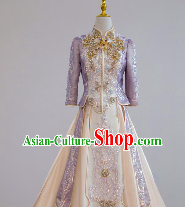 Chinese Traditional Wedding Garment Costumes Ancient Bride Lilac Dress Classical Xiuhe Suits Ceremony Toasting Clothing