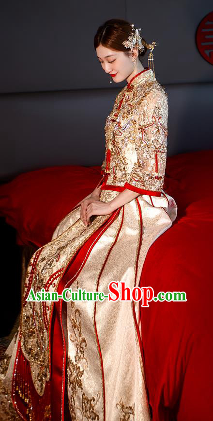 Chinese Classical Light Golden Xiuhe Suits Wedding Ceremony Clothing Traditional Bride Toasting Garment Costumes Ancient Embroidered Dress